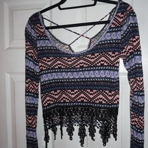 Long Sleeve Aztec Crop Top with Fringes